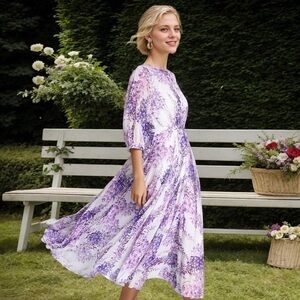 Silk Maxi Dress Round Neck Purple Floral Honeymoon MSRP $439 L-XL SK1